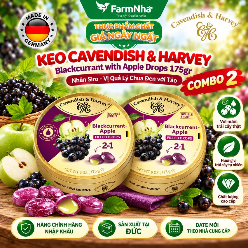 (Combo 2) Kẹo Cavendish & Harvey BLACKCURRANT WITH APPLE FILLING 175g Nhân Siro Hộp Thiếc - Kẹo Trái Cây Đức