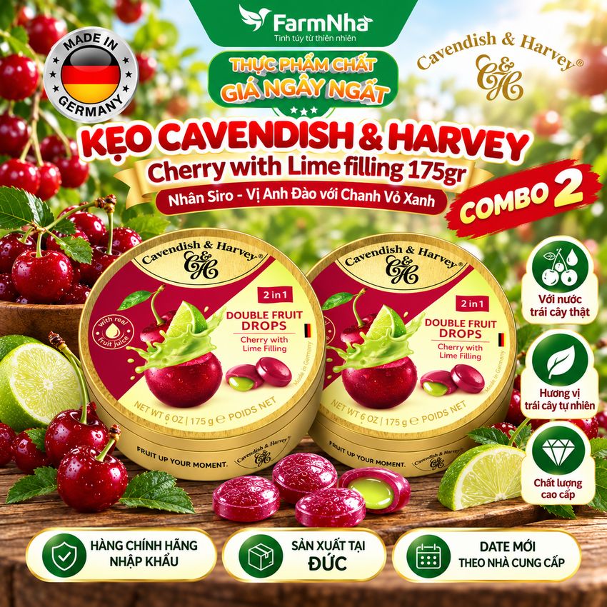 (Combo 2) Kẹo Cavendish & Harvey CHERRY WITH LIME FILLING 175g Nhân Siro Hộp Thiếc - Kẹo Trái Cây Đức