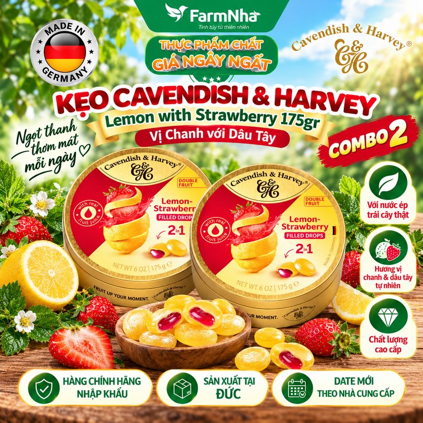 (Combo 2) Kẹo Cavendish & Harvey LEMON WITH STRAWBERRY FILLING 175gr Nhân Siro Hộp Thiếc - Kẹo Trái Cây Đức