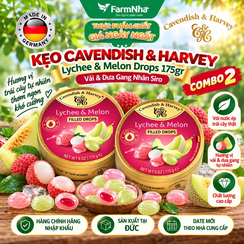 (Combo 2) Kẹo Cavendish & Harvey Lychee & Melon 175g Nhân Siro Hộp Thiếc - Kẹo Đức Vị Trái Cây Tự Nhiên