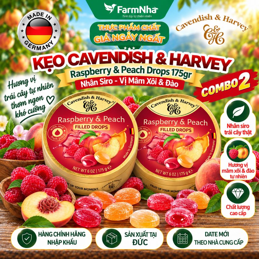 (Combo 2) Kẹo Cavendish & Harvey Raspberry & Peach 175g Nhân Siro Hộp Thiếc - Kẹo Đức vị Trái Cây Tự Nhiên
