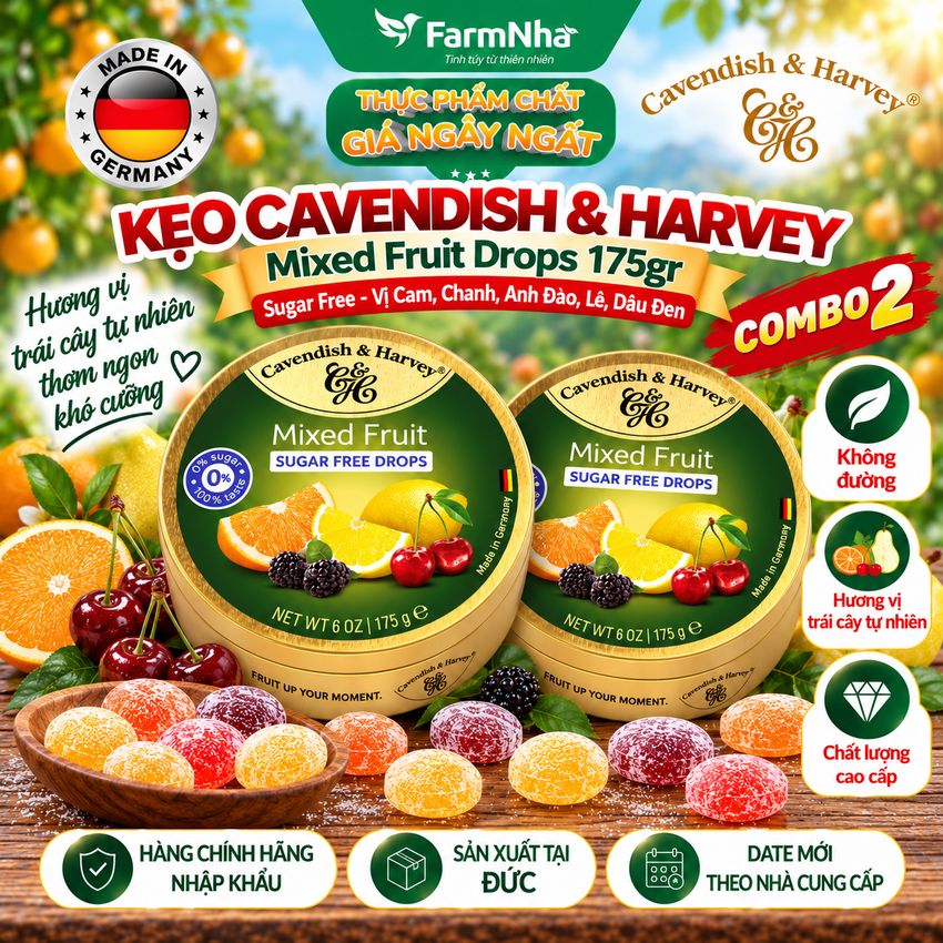 (Combo 2) Kẹo Cavendish & Harvey MIXED FRUIT Sugar Free 175gr Hộp Thiếc - Kẹo Đức vị Trái Cây Không Đường
