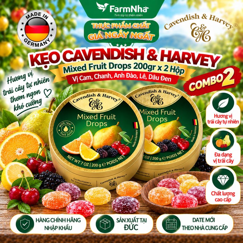 (Combo 2) Kẹo trái cây Cavendish & Harvey vị MIXED FRUIT 200gr - Sản phẩm với hương vị tuyệt vời từ Đức