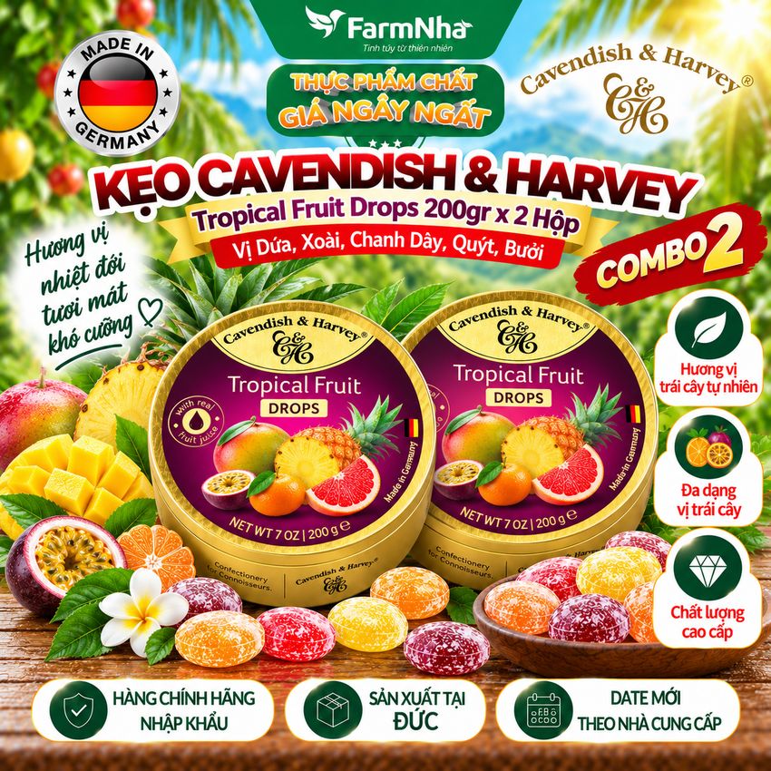 (Combo 2) Kẹo trái cây Cavendish & Harvey vị TROPICAL FRUIT 200gr - Hương vị tự nhiên tuyệt vời từ Đức