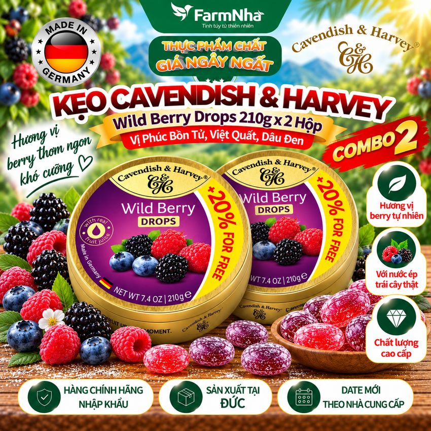 (Combo 2) Kẹo Cavendish & Harvey Wild Berry 210g Hộp Thiếc - Kẹo Đức vị Trái Cây Tự Nhiên