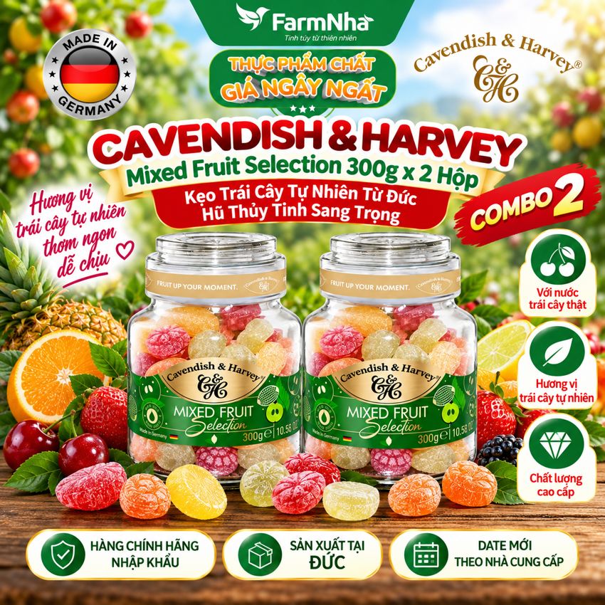 (Combo 2) Kẹo Trái Cây Cavendish & Harvey Mixed Fruit Selection 300g Thủy Tinh Sang Trọng - Vị Trái Cây Tự Nhiên