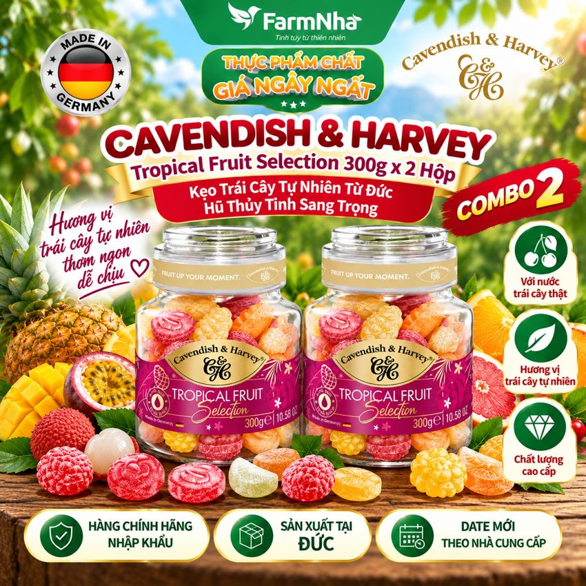 (Combo 2) Kẹo Cavendish & Harvey Tropical Fruit 300g | Kẹo Trái Cây Đức Hũ Thủy Tinh Cao Cấp
