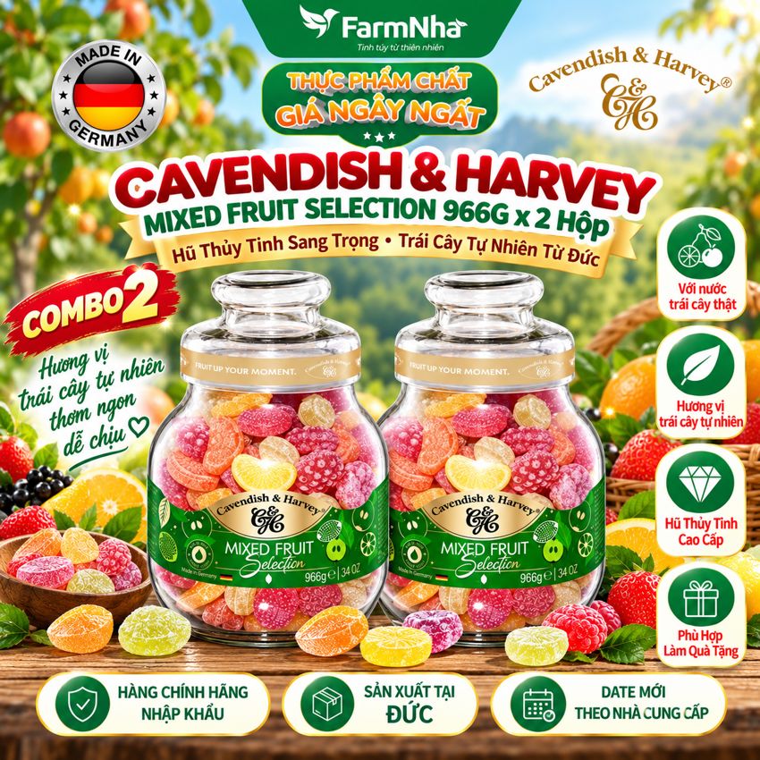(Combo 2) Kẹo Trái Cây Cavendish & Harvey Mixed Fruit Selection 966g Thủy Tinh Sang Trọng - Vị trái cây tự nhiên