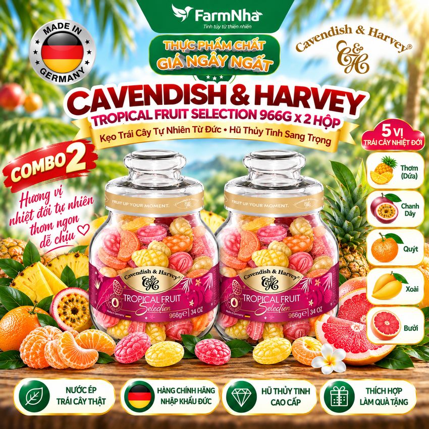 (Combo 2) Kẹo Cavendish & Harvey Tropical Fruit 966g | Kẹo Trái Cây Đức Hũ Thủy Tinh Cao Cấp