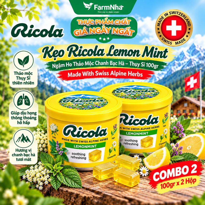 (Combo 2) Kẹo Ricola Lemon Mint Herb 100gr Hộp Thiếc - Ngậm ho vị Chanh Bạc Hà Thảo Mộc từ Thụy Sĩ