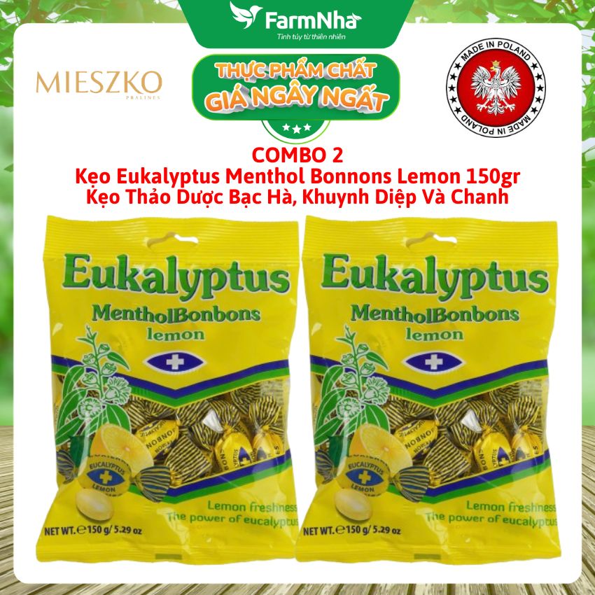 (Combo 2) Kẹo Eukalyptus Menthol Bonbons Lemon 150g Ba Lan – Kẹo Bạc Hà Khuynh Diệp Chanh