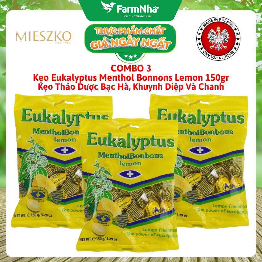 (Combo 2) Kẹo Eukalyptus Menthol Bonbons Lemon 150g Ba Lan – Kẹo Bạc Hà Khuynh Diệp Chanh 