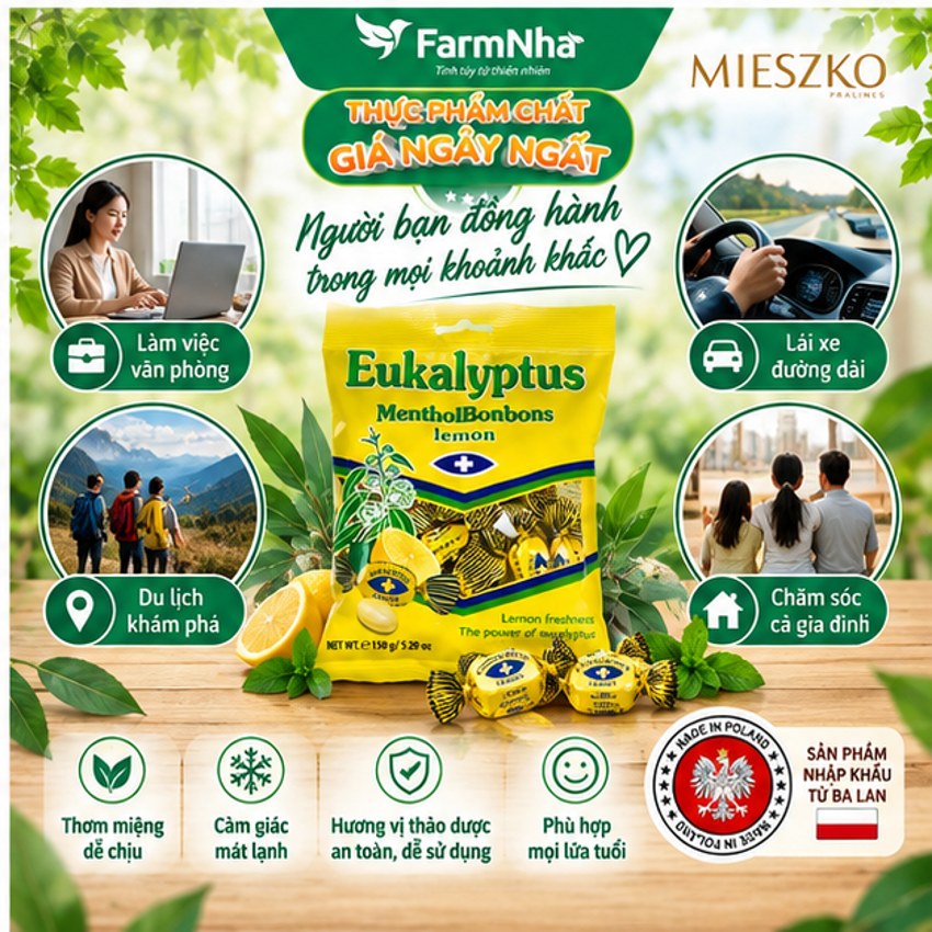 (Combo 2) Kẹo Eukalyptus Menthol Bonbons Lemon 150g Ba Lan – Kẹo Bạc Hà Khuynh Diệp Chanh