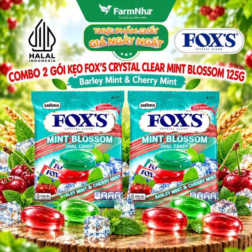 (Combo 2) Kẹo FOX'S Mint Blossom Oval Candy 125g BARLEY MINT & CHERRY MINT - Ngọt Ngào và Mát Lạnh