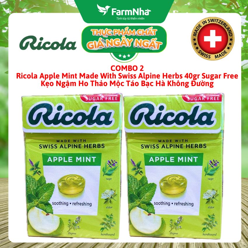 (Combo 2) Kẹo Ngậm Ho Ricola Apple Mint 40g Sugar Free - Vị Táo Bạc Hà Thảo Mộc Từ Thủy Sĩ