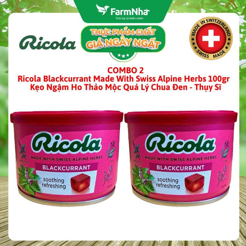 (Combo 2) Kẹo Ngậm Ho Ricola Blackcurrant 100g Hộp Thiếc - Vị Lý Chua, Thảo Mộc Giảm Ho Thụy Sĩ