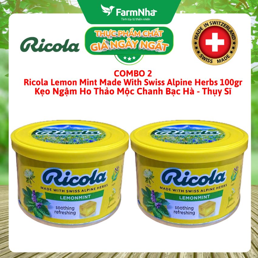 (Combo 2) Kẹo Ricola Lemon Mint Herb 100gr Hộp Thiếc - Ngậm ho vị Chanh Bạc Hà Thảo Mộc từ Thụy Sĩ