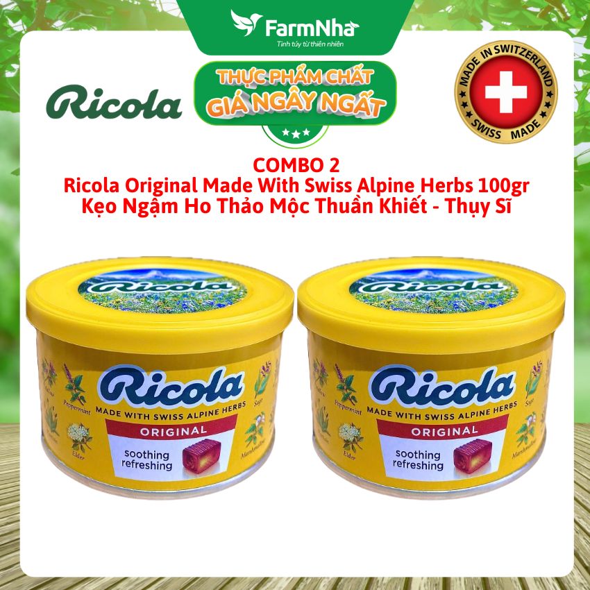 (Combo 2) Kẹo Ricola Original Herbs Hộp Thiếc 100g Thảo Mộc – Mát Họng, Giảm Ho, Thơm Miệng