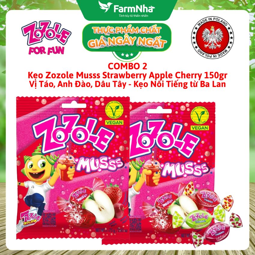 (Combo 2) Kẹo Zozole Musss Strawberry Apple Cherry 75gr – Vị Trái Cây Chua Ngọt Siêu Vui Nhộn