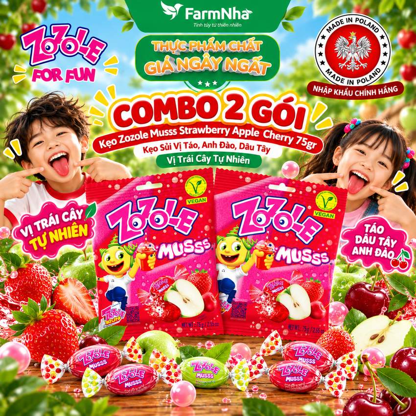 (Combo 2) Kẹo Zozole Musss Strawberry Apple Cherry 75gr – Vị Trái Cây Chua Ngọt Siêu Vui Nhộn