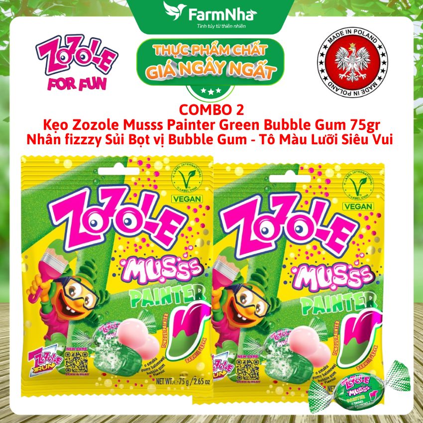 (Combo 2) Kẹo Zozole Musss Painter Green Bubble Gum 75gr – Hiệu Ứng Đổi Màu Lưỡi Siêu Vui