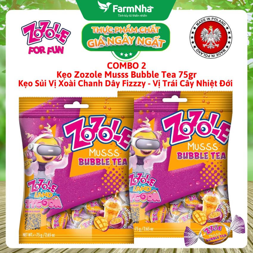 (Combo 2) Kẹo Zozole Musss Bubble Tea 75g - Kẹo Sủi Xoài Chanh Dây Fizzzzy vị Trái Cây Nhiệt Đới 