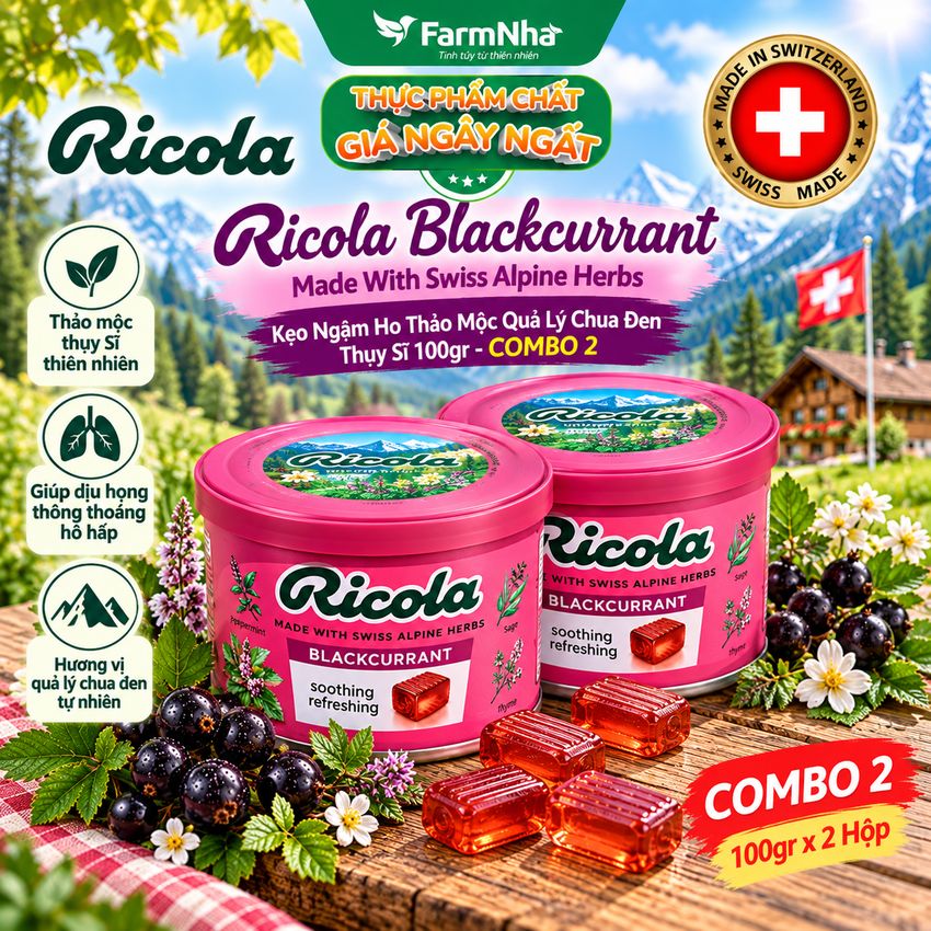 (Combo 2) Kẹo Ngậm Ho Ricola Blackcurrant 100g Hộp Thiếc - Vị Lý Chua, Thảo Mộc Giảm Ho Thụy Sĩ