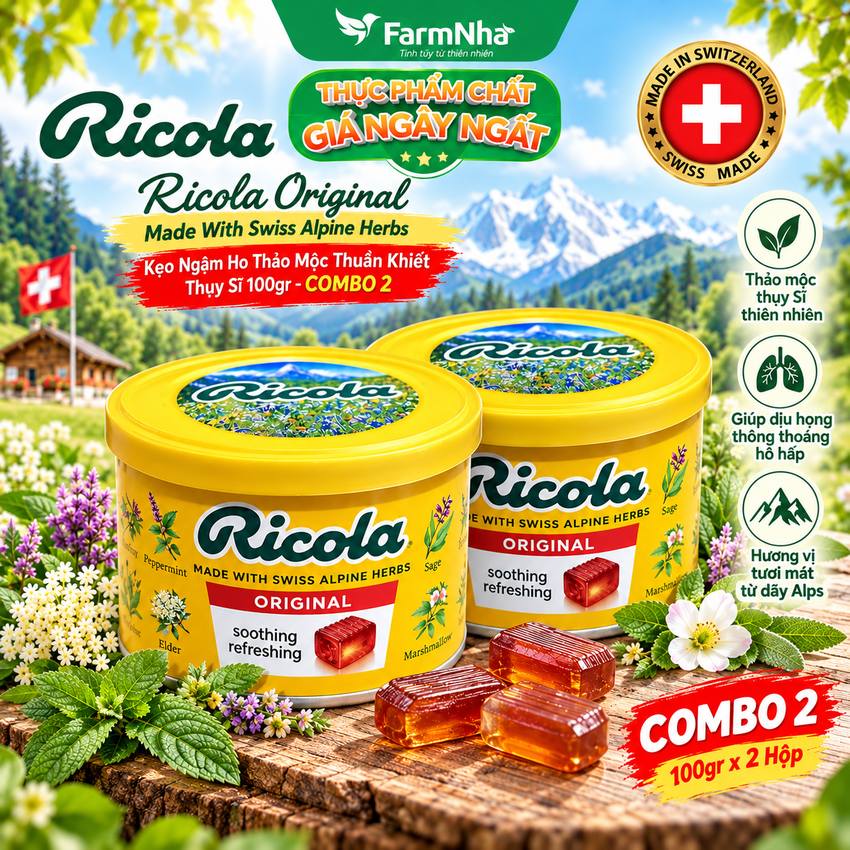 (Combo 2) Kẹo Ricola Original Herbs Hộp Thiếc 100g Thảo Mộc – Mát Họng, Giảm Ho, Thơm Miệng