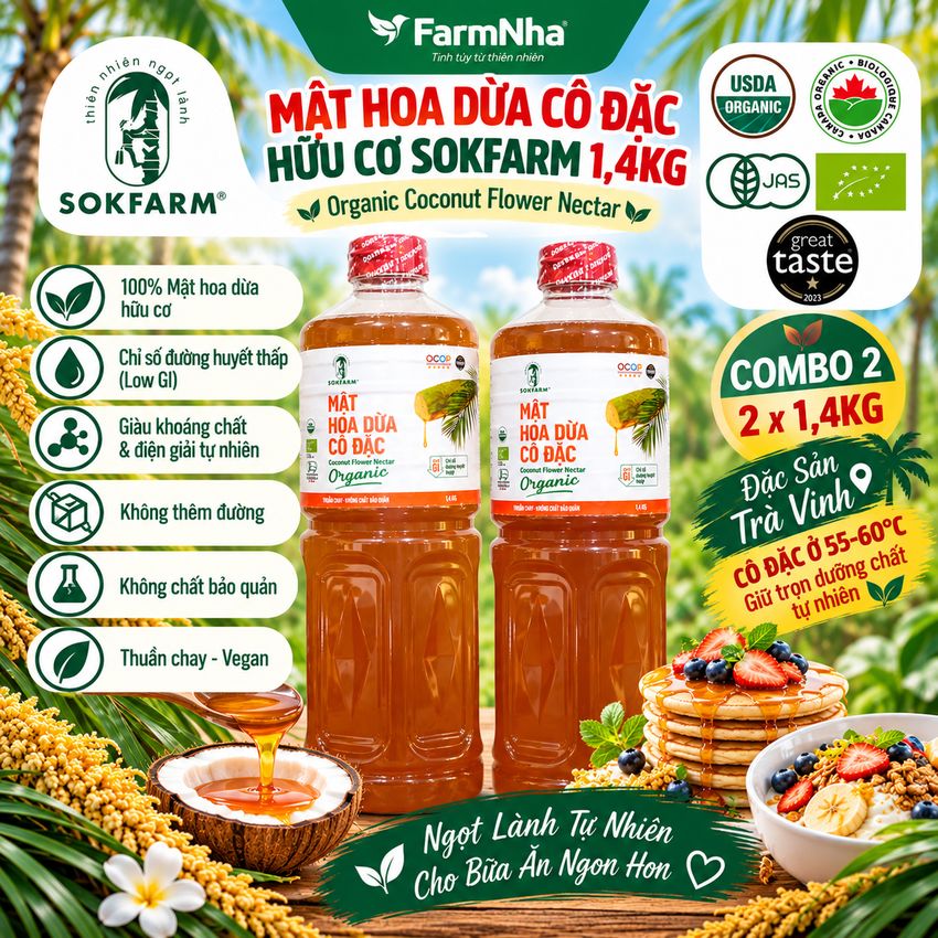 (Combo 2) Mật Hoa Dừa Cô Đặc Hữu Cơ Sokfarm 1.4kg | Bổ Sung Khoáng Chất, Kiểm Soát Đường Huyết