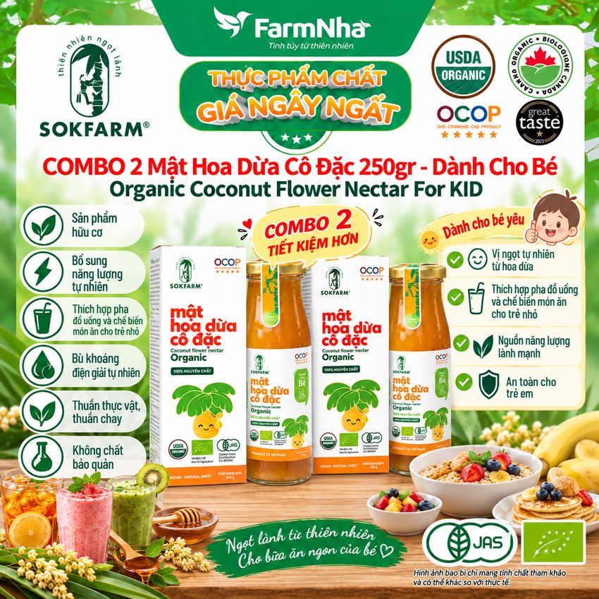 (Combo 2) Mật Hoa Dừa Cô Đặc Hữu Cơ Sokfarm 250g Cho Bé | Mật Ngọt Tự Nhiên, Bổ Sung Khoáng Chất 