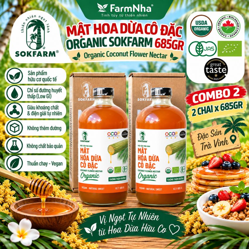 (Combo 2) Mật Hoa Dừa Cô Đặc Hữu Cơ Sokfarm 685gr | Bổ Sung Khoáng Chất, Kiểm Soát Đường Huyết