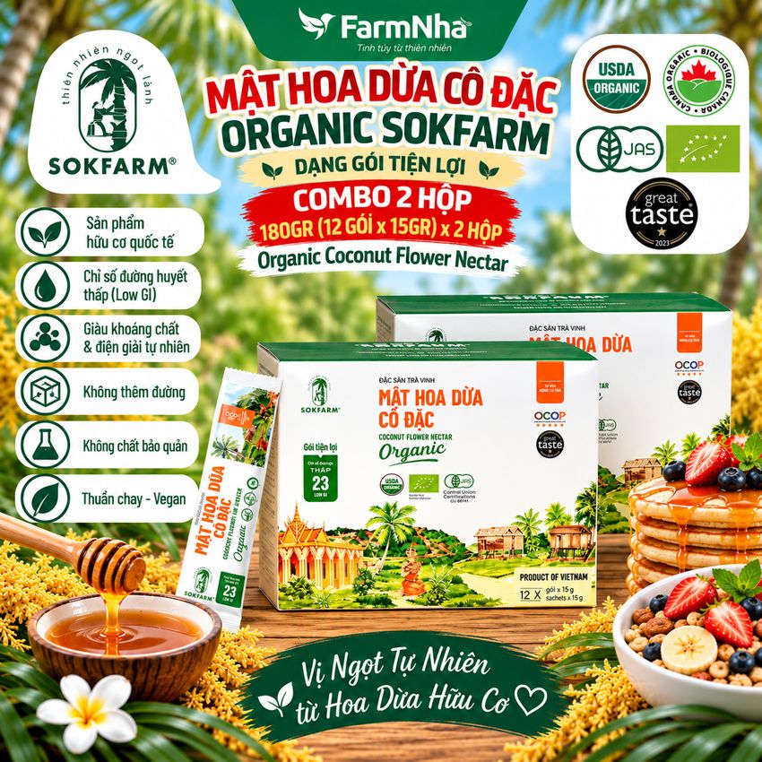 (Combo 2) Mật Hoa Dừa Cô Đặc Hữu Cơ Sokfarm Stick 12 x 15g | Mật Ngọt Tự Nhiên, Bổ Sung Khoáng Chất