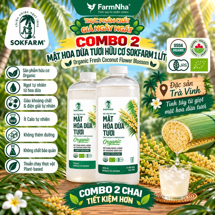 (Combo 2) Nước Uống Mật Hoa Dừa Tươi Sokfarm 1 lít Plastic – Hữu Cơ Giàu Khoáng Chất Khỏe Mạnh