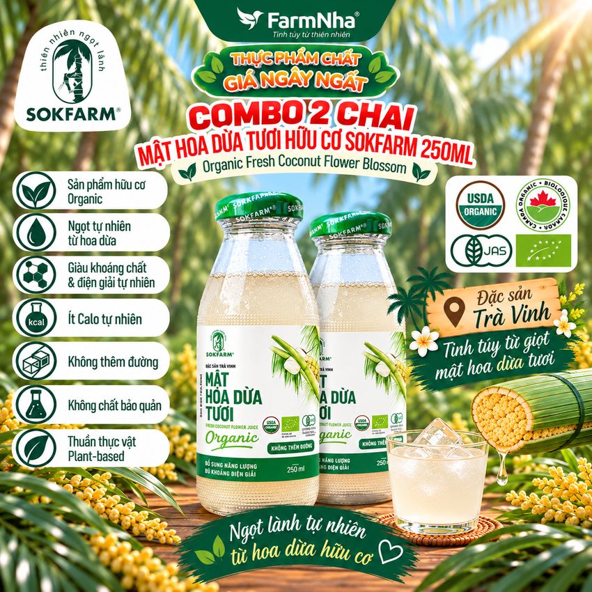 (Combo 2) Nước Uống Mật Hoa Dừa Tươi Sokfarm 250ml Thủy Tinh – Hữu Cơ Giàu Khoáng Chất Khỏe Mạnh