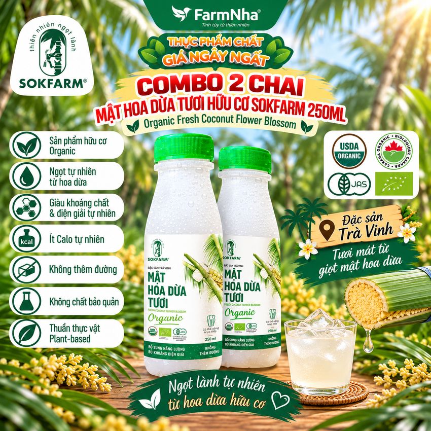 (Combo 2) Nước Uống Mật Hoa Dừa Tươi Sokfarm 250ml Plastic – Hữu Cơ Giàu Khoáng Chất Khỏe Mạnh