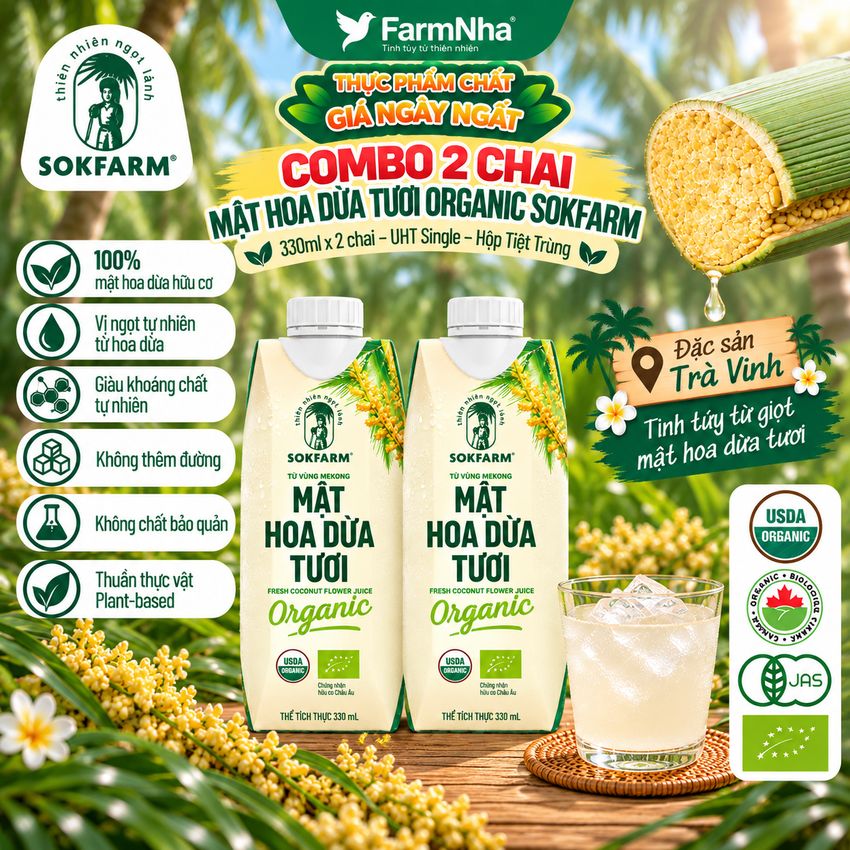 (Combo 2) Nước Uống Mật Hoa Dừa Tươi Sokfarm 330ml UHT – Hữu Cơ Giàu Khoáng Tự Nhiên, Uống Là Khỏe