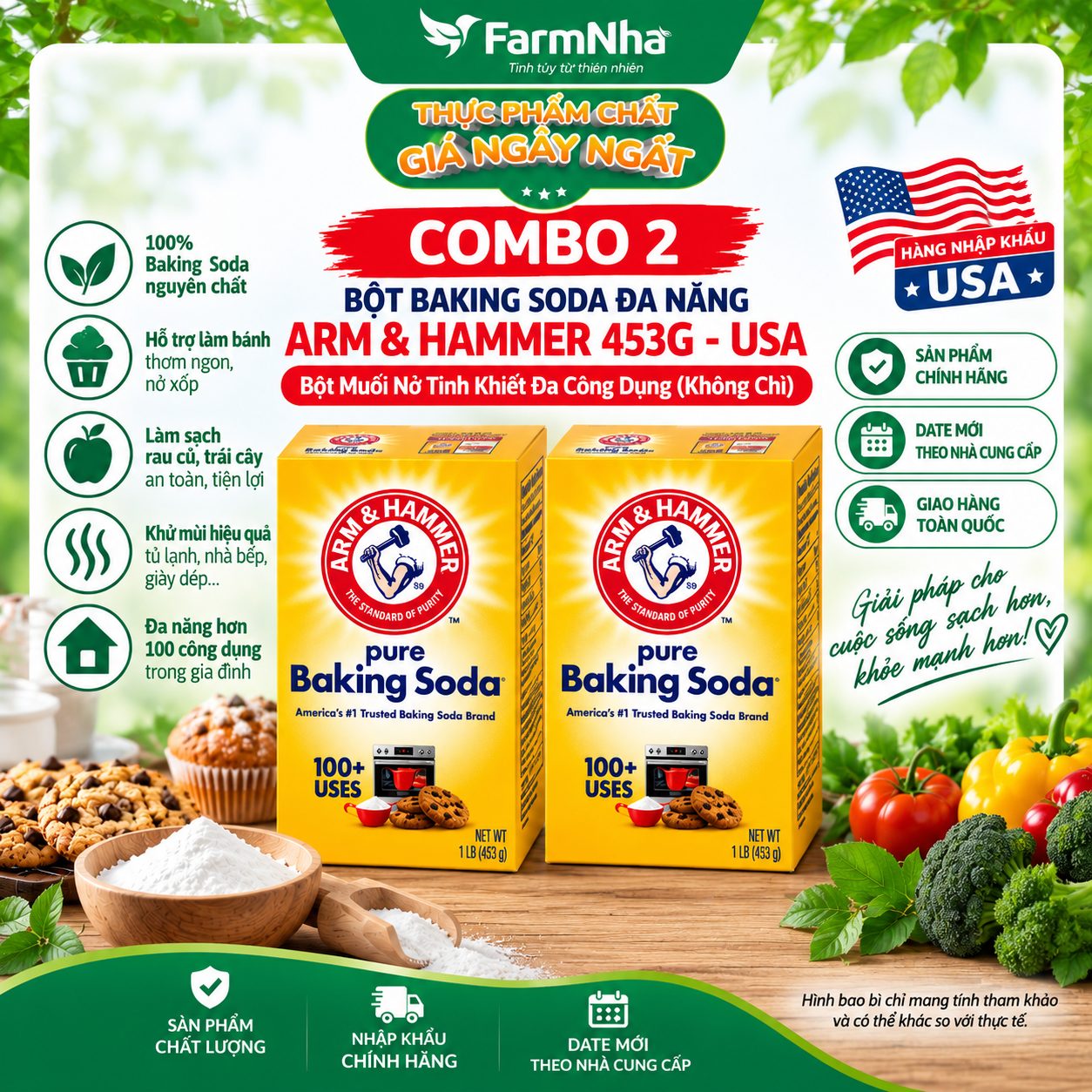 (Combo 2) Bột Pure Baking Soda Arm & Hammer 453g USA Chính Hãng - Đa Công Dụng Làm Bánh Khử Mùi 