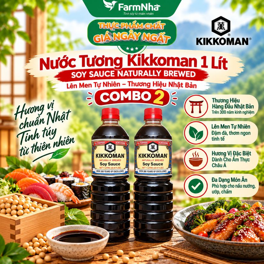 (Combo 2) Xì Dầu Naturally Brewed Soy Sauce Kikkoman 1 lít –Nước Tương Lên Men Tự Nhiên Đậm Vị Umami