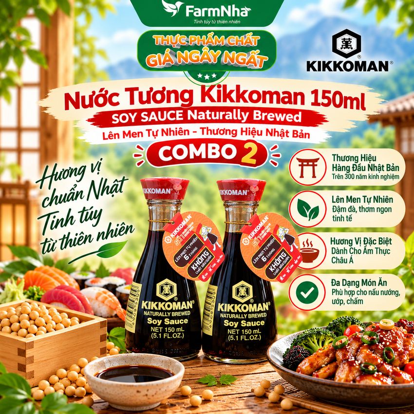 (Combo 2) Xì Dầu Kikkoman Soy Sauce 150ml – Nước tương chuẩn Nhật Bản, Không GMO, Hương Vị Tự Nhiên