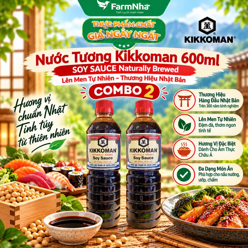 (Combo 2) Xì Dầu Naturally Brewed Soy Sauce Kikkoman 600ml –Nước Tương Lên Men Tự Nhiên Đậm Vị Umami