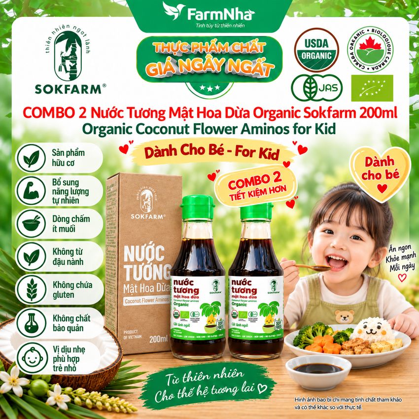 (Combo 2) Nước Tương Mật Hoa Dừa Sokfarm 200ml Cho Bé Ít Muối - Vị Umami Hữu Cơ Tốt Cho Sức Khỏe