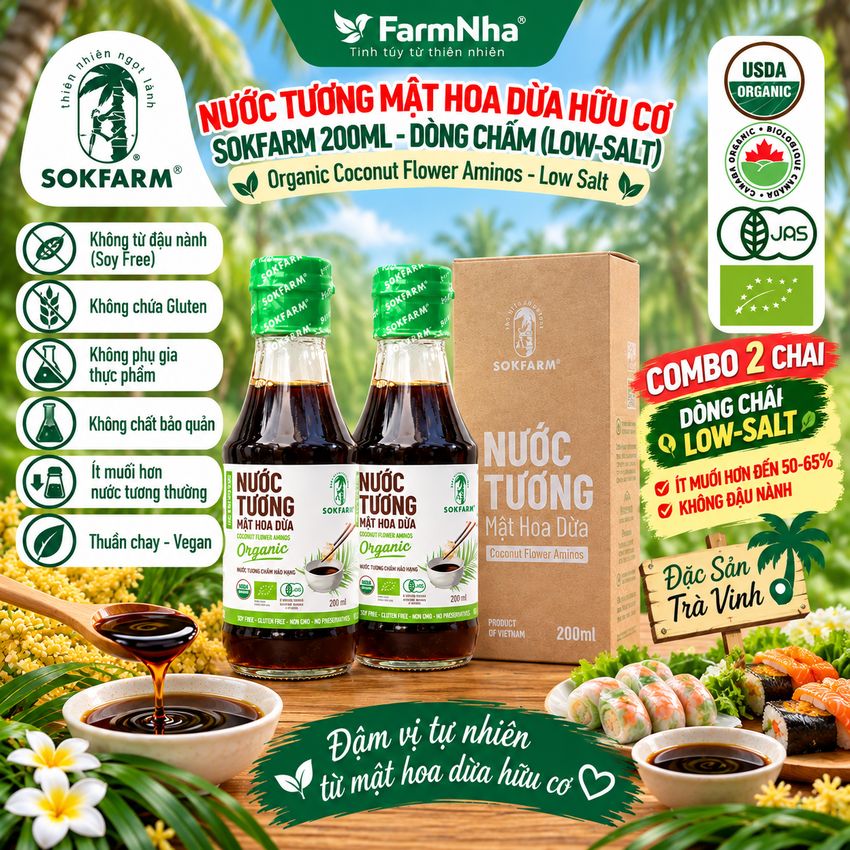 (Combo 2) Nước Tương Mật Hoa Dừa Sokfarm 200ml Dòng Chấm Ít Muối - Vị Umami Hữu Cơ Tốt Cho Sức Khỏe