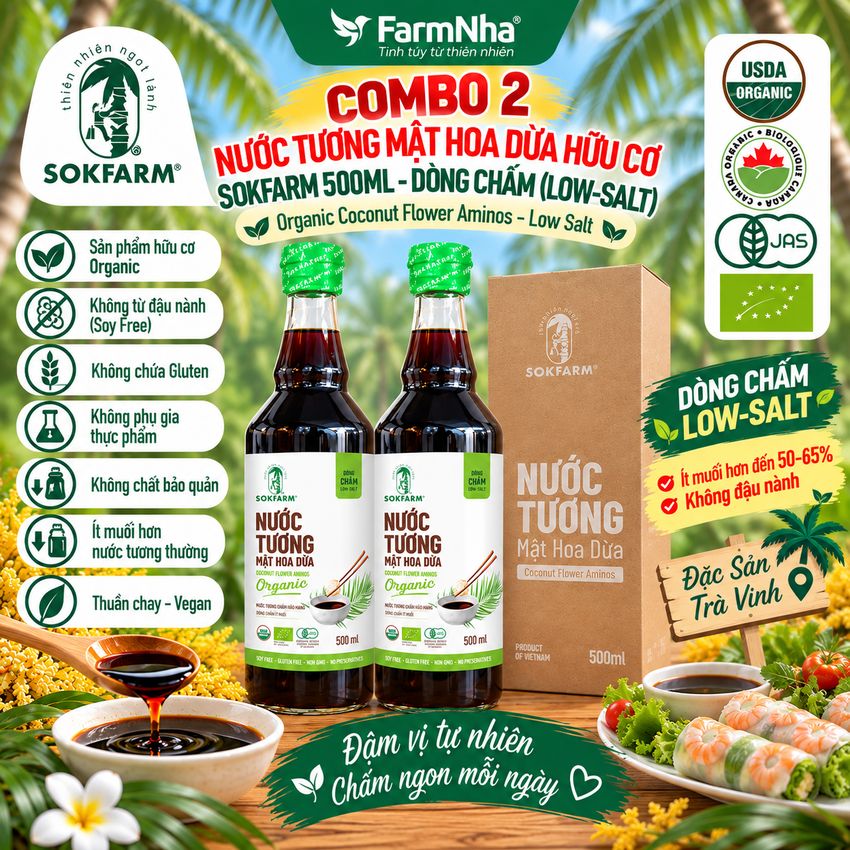 (Combo 2) Nước Tương Mật Hoa Dừa Sokfarm 500ml Dòng Chấm Ít Muối - Vị Umami Hữu Cơ Tốt Cho Sức Khỏe