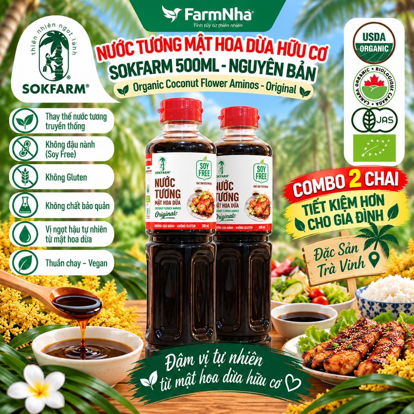 (Combo 2) Nước Tương Mật Hoa Dừa Sokfarm 500ml Nguyên Bản Chuyên Nấu - Vị Umami Hữu Cơ Tốt Cho Sức Khỏe