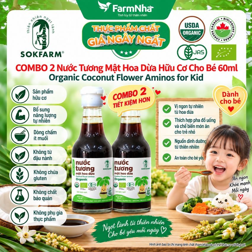 (Combo 2) Nước Tương Mật Hoa Dừa Sokfarm 60ml Cho Bé Ít Muối - Vị Umami Hữu Cơ Tốt Cho Sức Khỏe