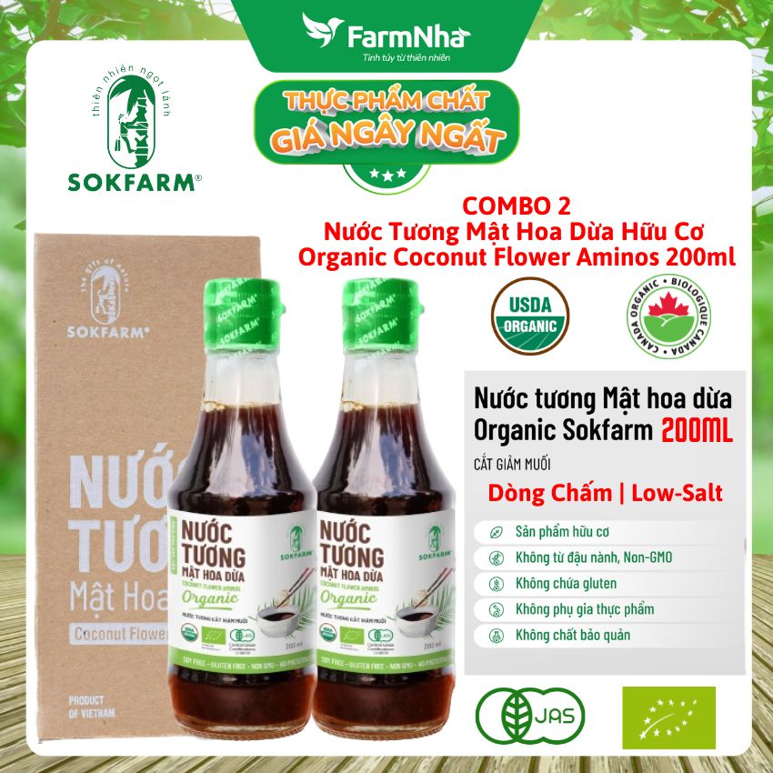(Combo 2) Nước tương mật hoa dừa Sokfarm 200ml Dòng Chấm - Vị Unami hữu cơ tự nhiên, vị mặn tốt cho sức khỏe