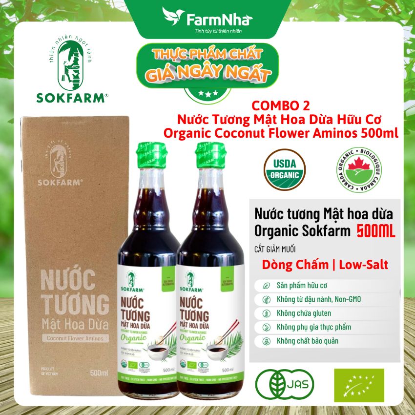 (Combo 2) Nước tương mật hoa dừa Sokfarm 500ml Dòng Chấm - Vị Unami hữu cơ tự nhiên