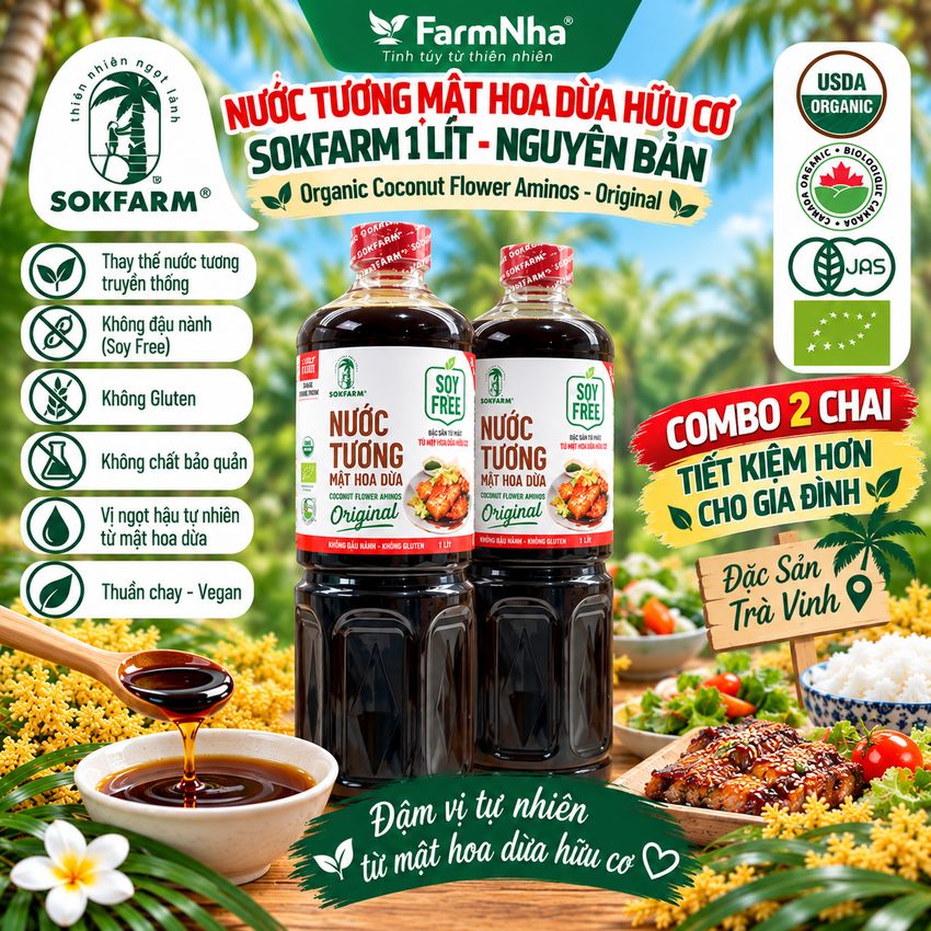 (Combo 2) Nước Tương Mật Hoa Dừa Sokfarm 1 Lít Nguyên Bản Chuyên Nấu - Vị Umami Hữu Cơ Tốt Cho Sức Khỏe