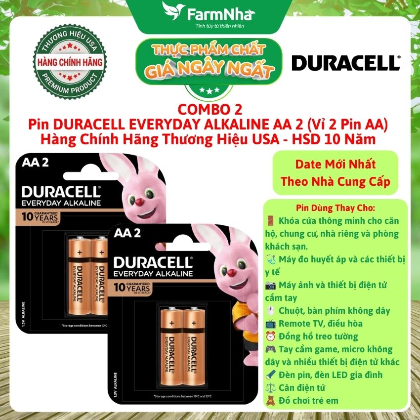 (Combo 2) Pin DURACELL EVERYDAY ALKALINE AA2 1.5V Vỉ 2 Viên Chính Hãng USA - HSD Lưu Kho Đến 10 Năm