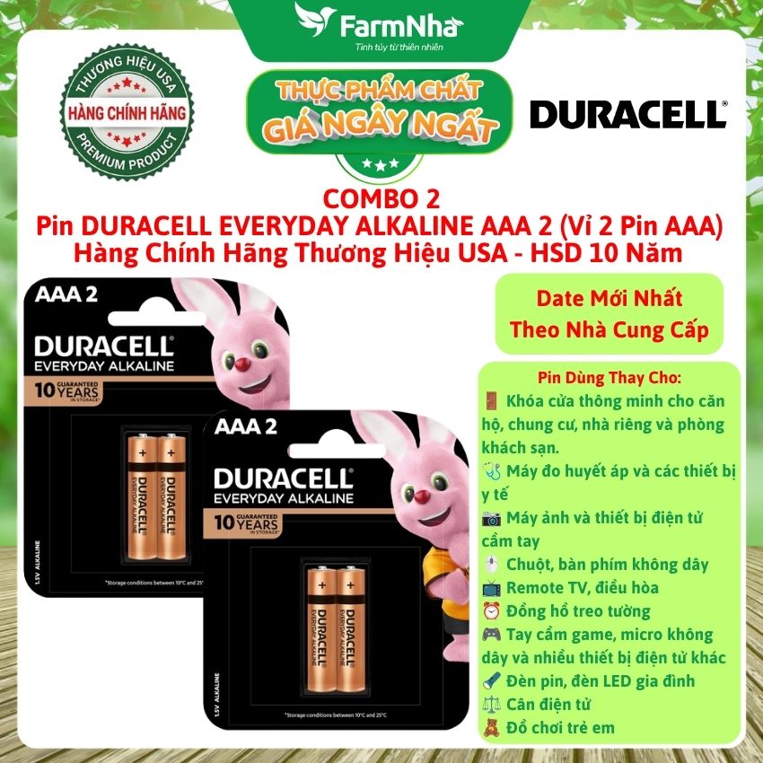 (Combo 2) Pin DURACELL Everyday Alkaline AAA2 1.5V Vỉ 2 Viên Chính Hãng – Pin Kiềm Bền Bỉ